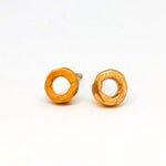 chocolate & steel earrings, sprocket studs, 14 kt gold vermeil